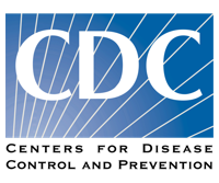 White and blue logo inscribed with CDC